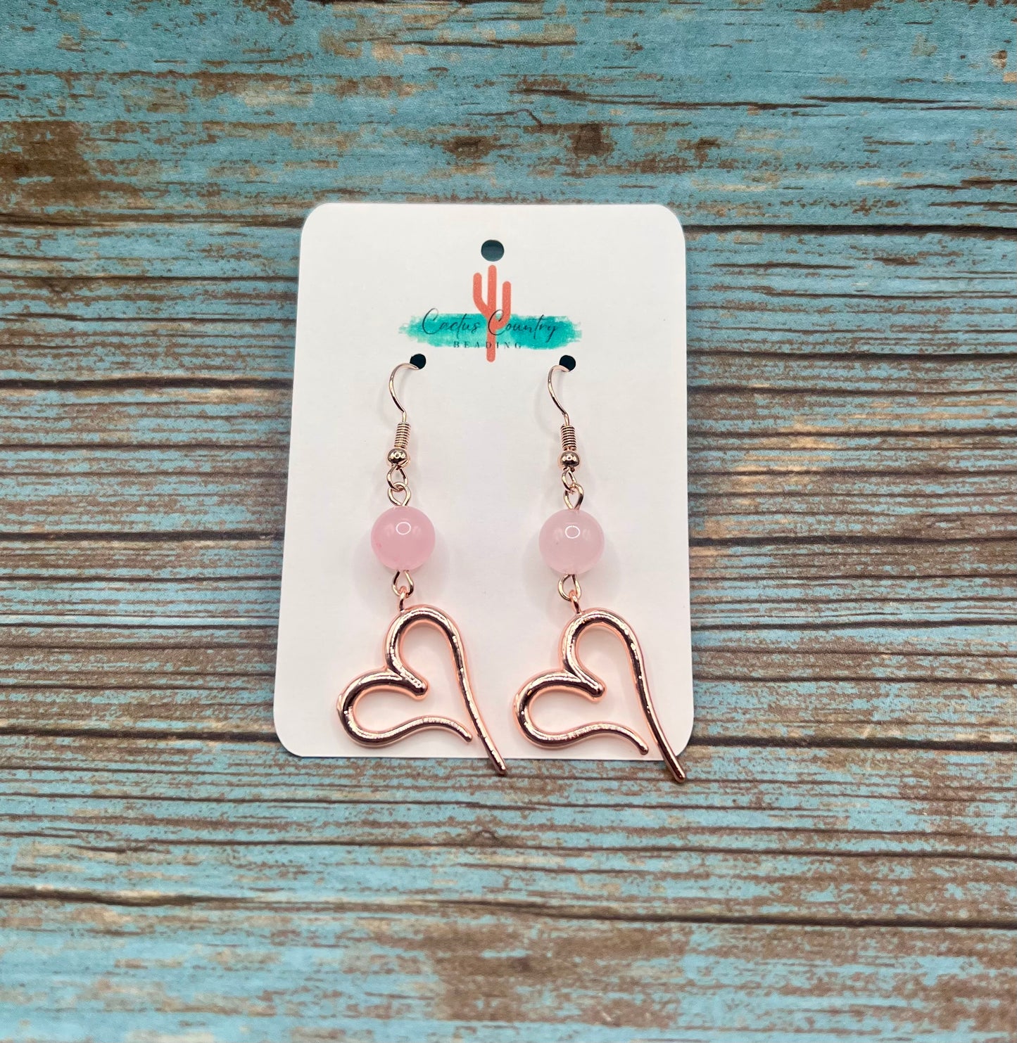 Rose Quartz and Rose Gold Heart Dangle Earrings