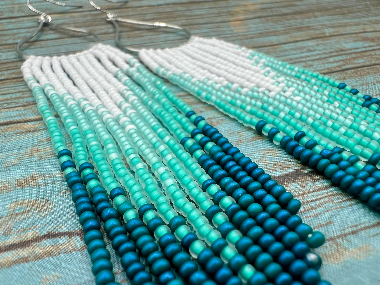 White & Teal fringe earrings