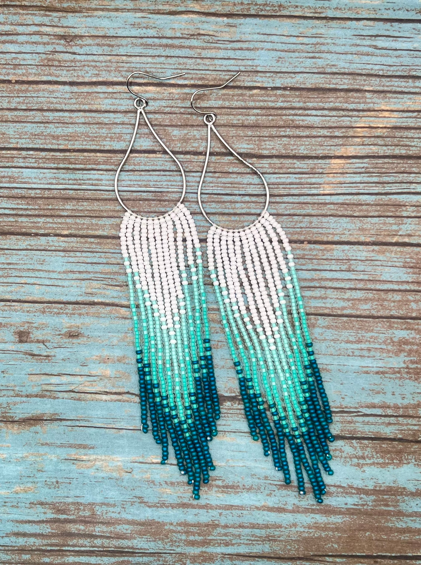 White & Teal fringe earrings