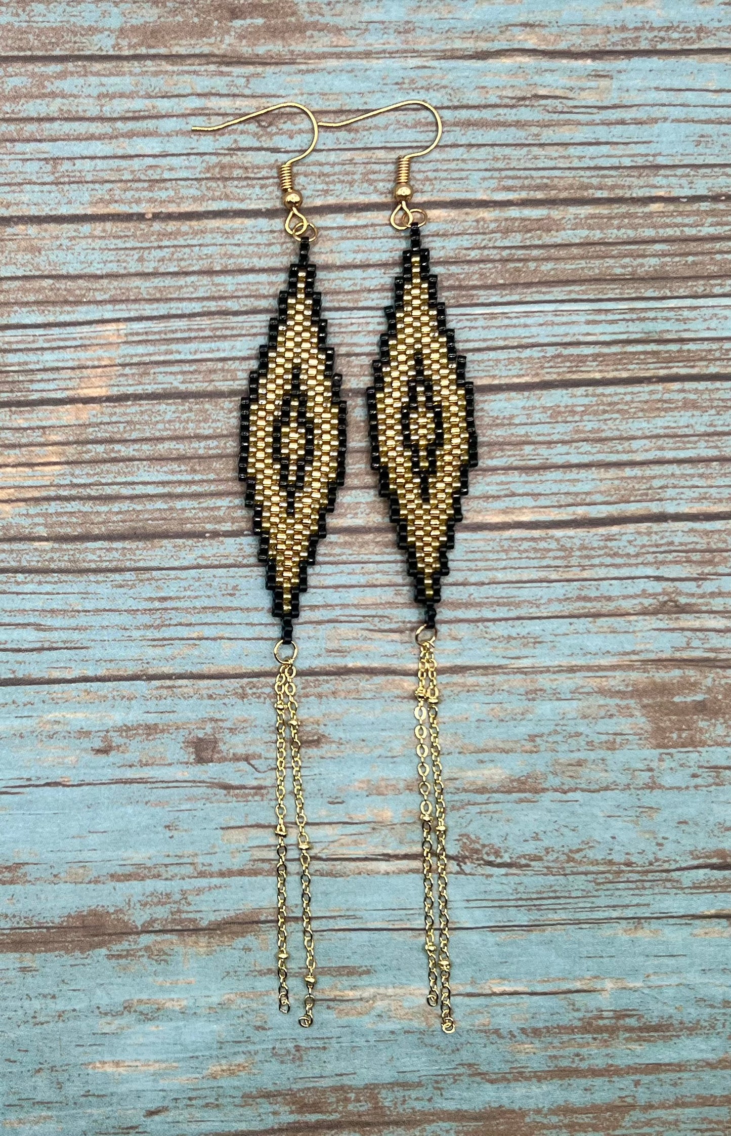 Black and Gold Beaded Diamond Earrings