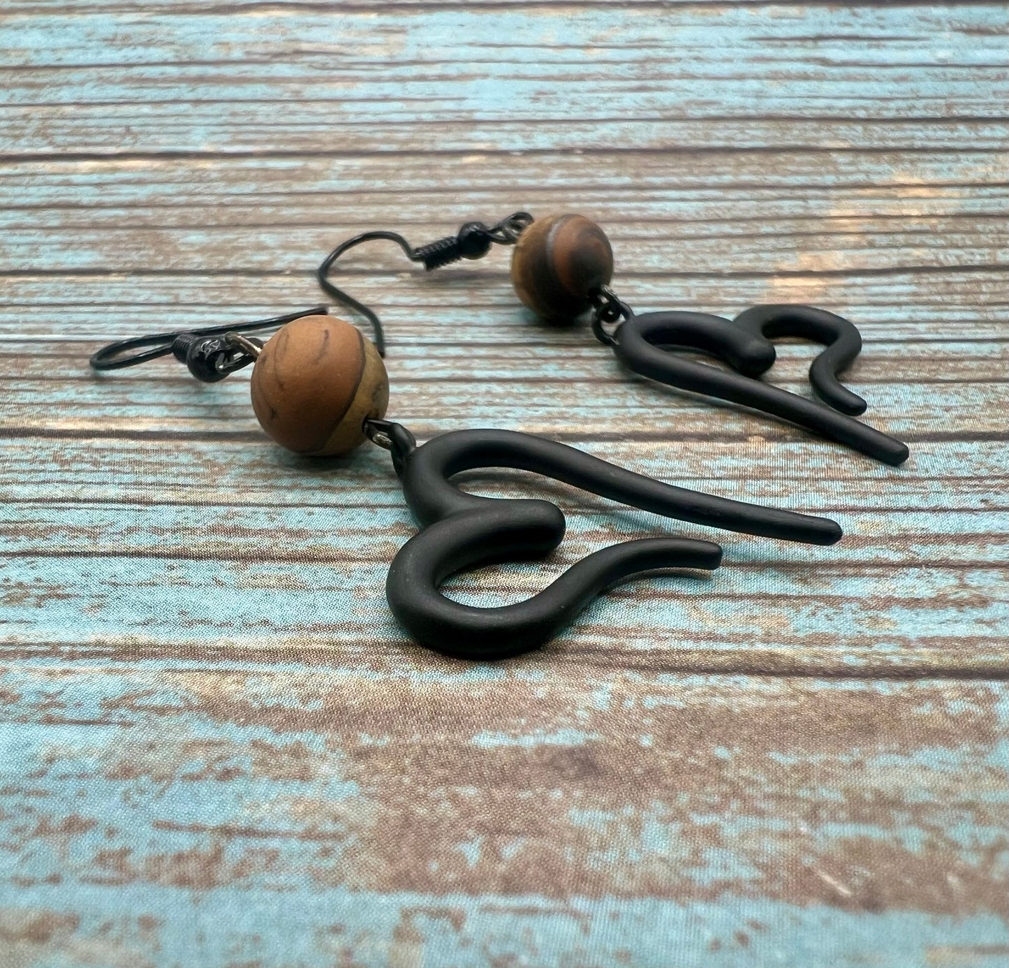 Matte Tigers Eye & Black Hearts Dangle Earrings