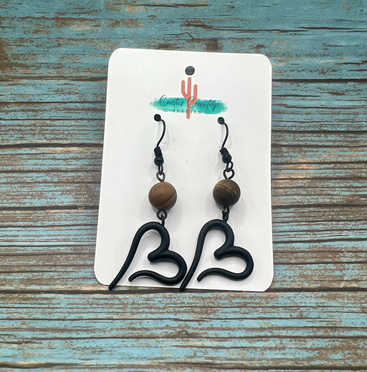Matte Tigers Eye & Black Hearts Dangle Earrings