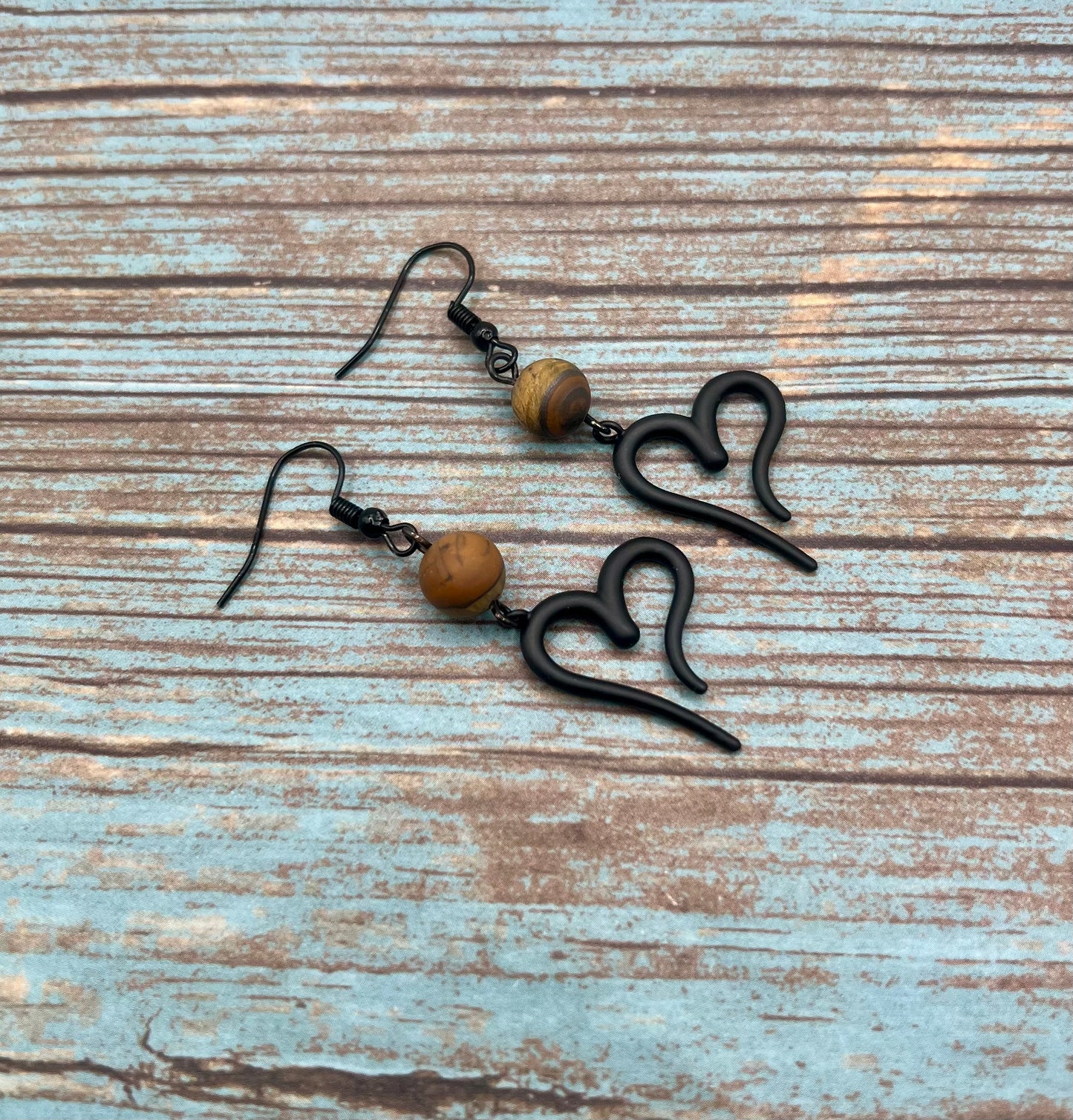 Matte Tigers Eye & Black Hearts Dangle Earrings