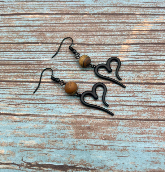 Matte Tigers Eye & Black Hearts Dangle Earrings