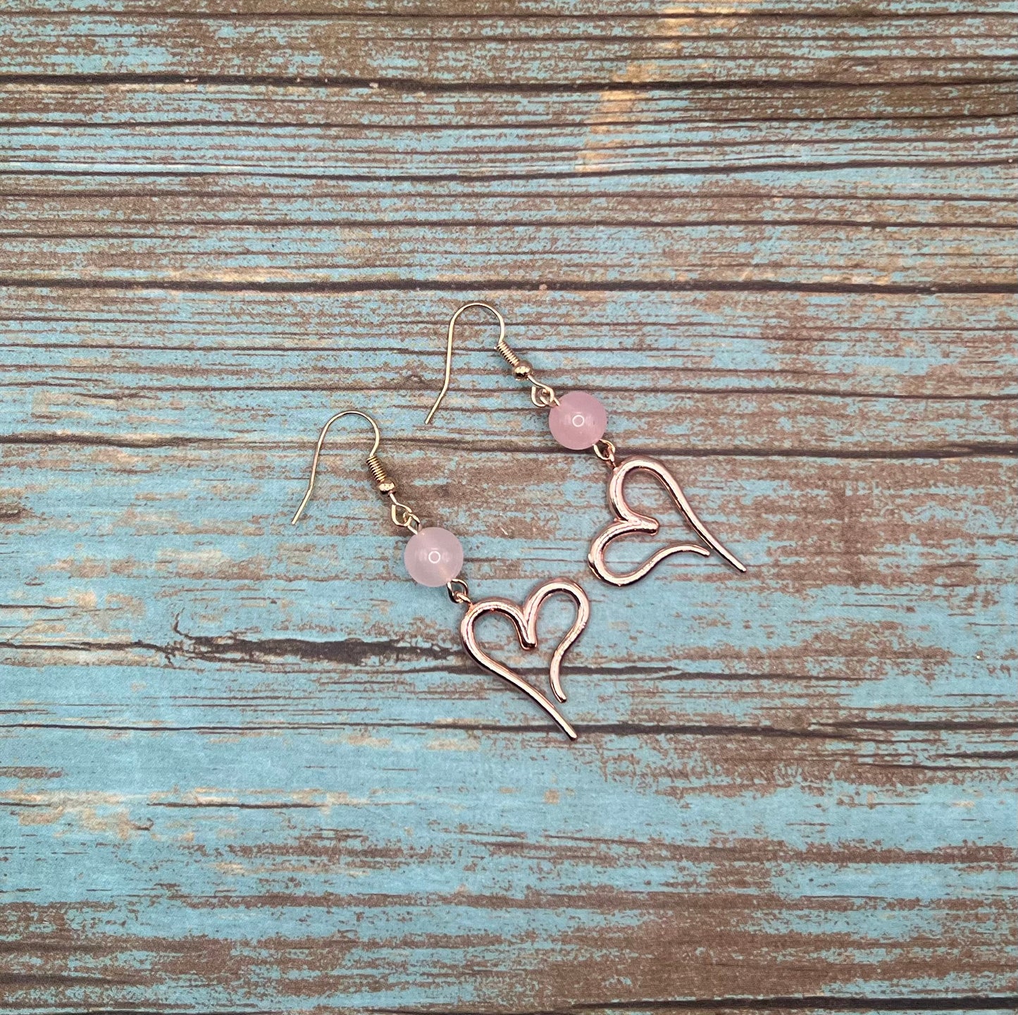 Rose Quartz and Rose Gold Heart Dangle Earrings