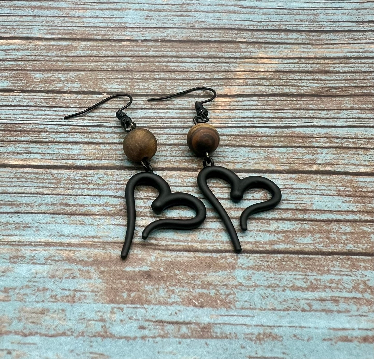 Matte Tigers Eye & Black Hearts Dangle Earrings