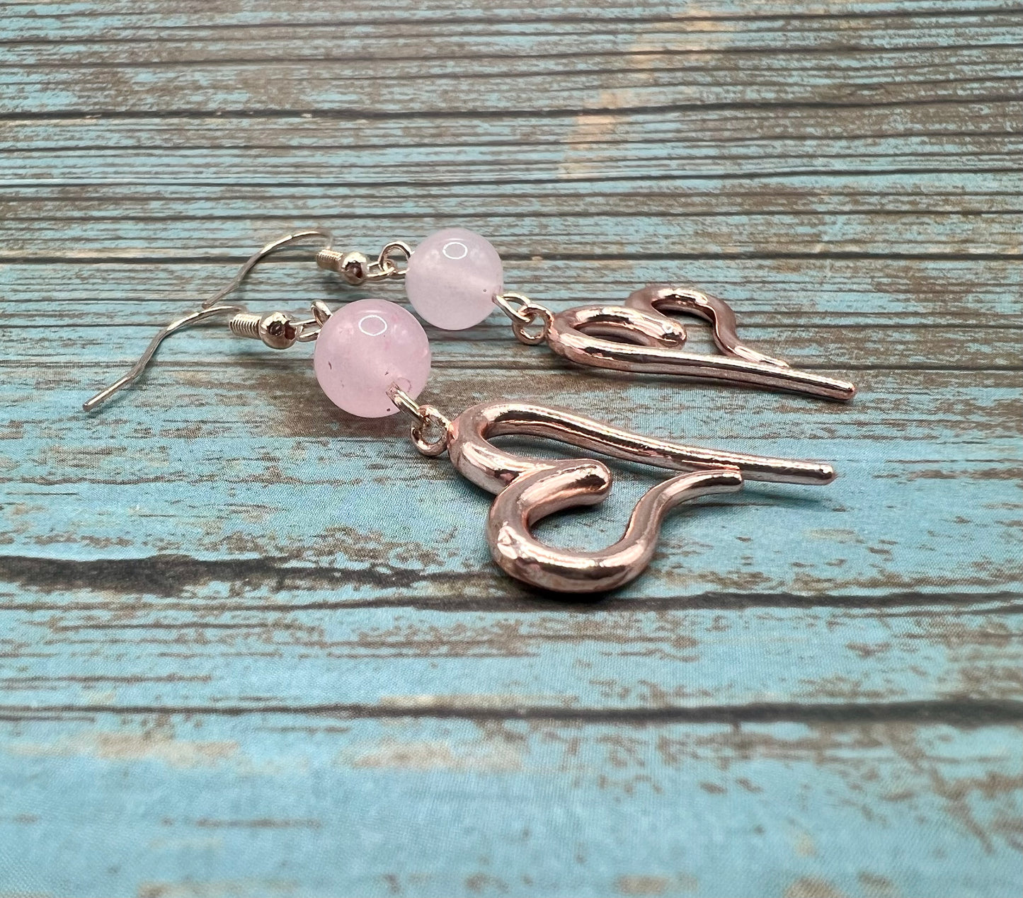 Rose Quartz and Rose Gold Heart Dangle Earrings