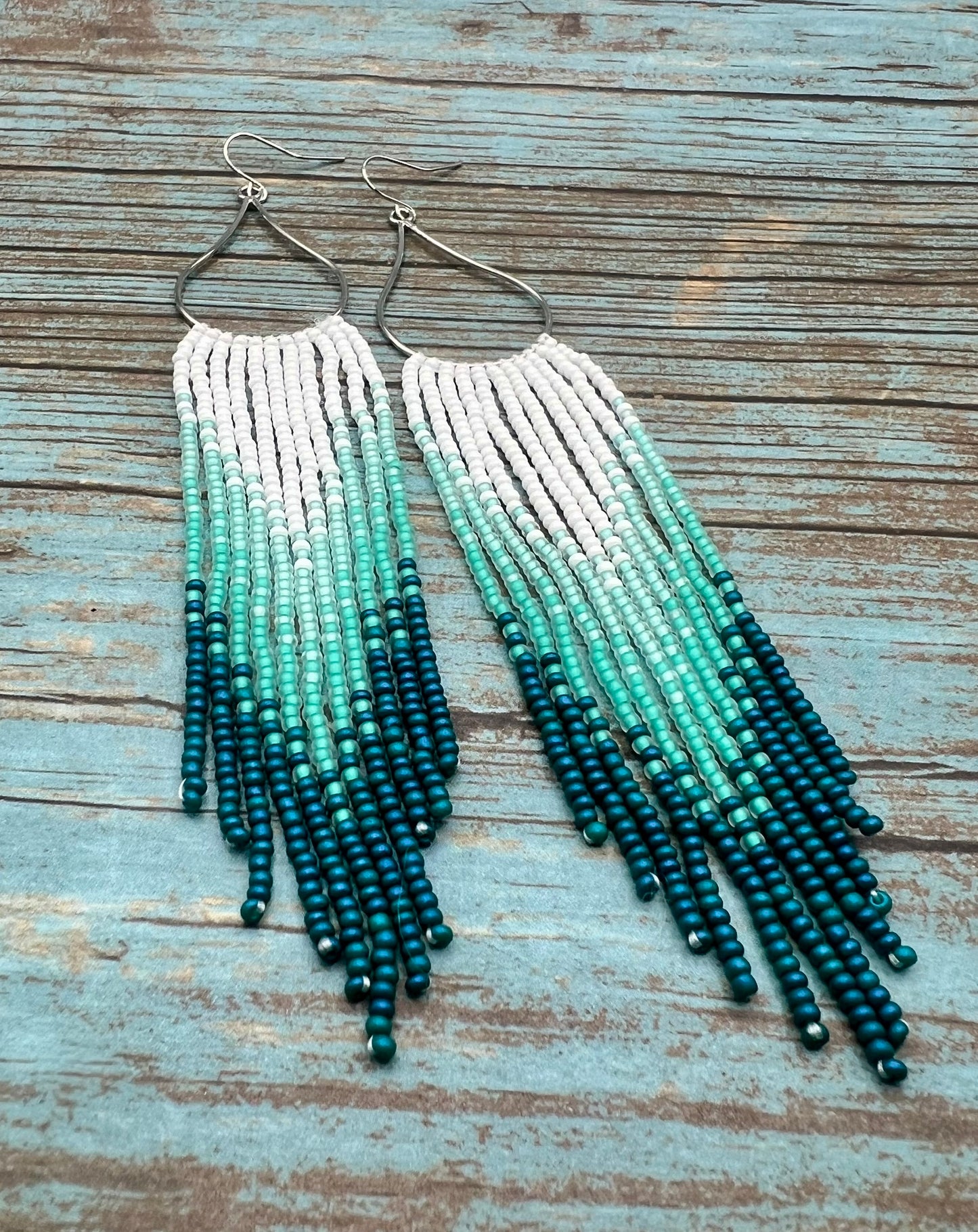 White & Teal fringe earrings