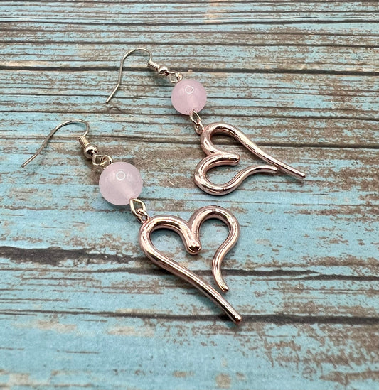 Rose Quartz and Rose Gold Heart Dangle Earrings