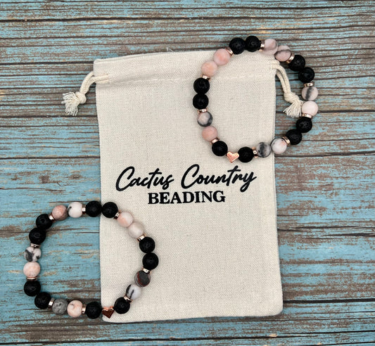 Pink Zebra Jasper & Lava bead Bracelet