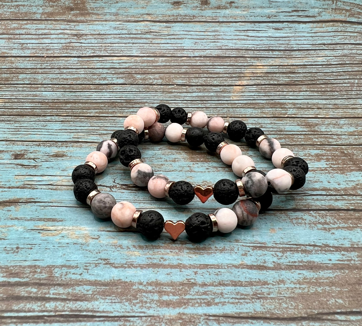 Pink Zebra Jasper & Lava bead Bracelet