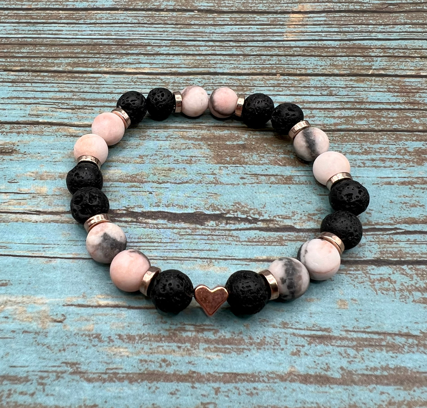 Pink Zebra Jasper & Lava bead Bracelet